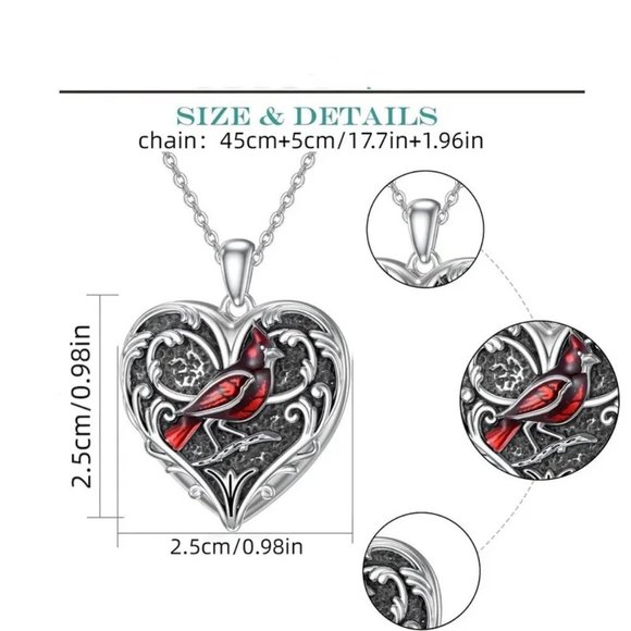 Heart Cardinal Pendant Necklace Red Bird Filigree New Gift Heaven Memorial - Picture 4 of 4